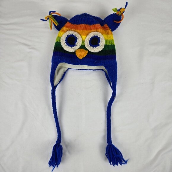 Vive Bien Youth Sized Knit Hat Colorful Owl Wool Outer Layer Long Tassel Ties - Picture 1 of 8